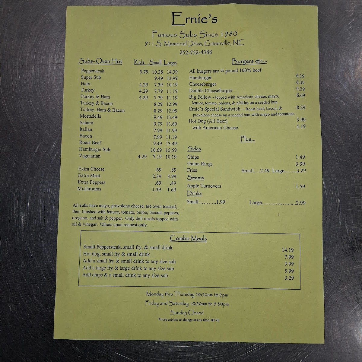 Ernie's Famous Subs Menu - Image 1