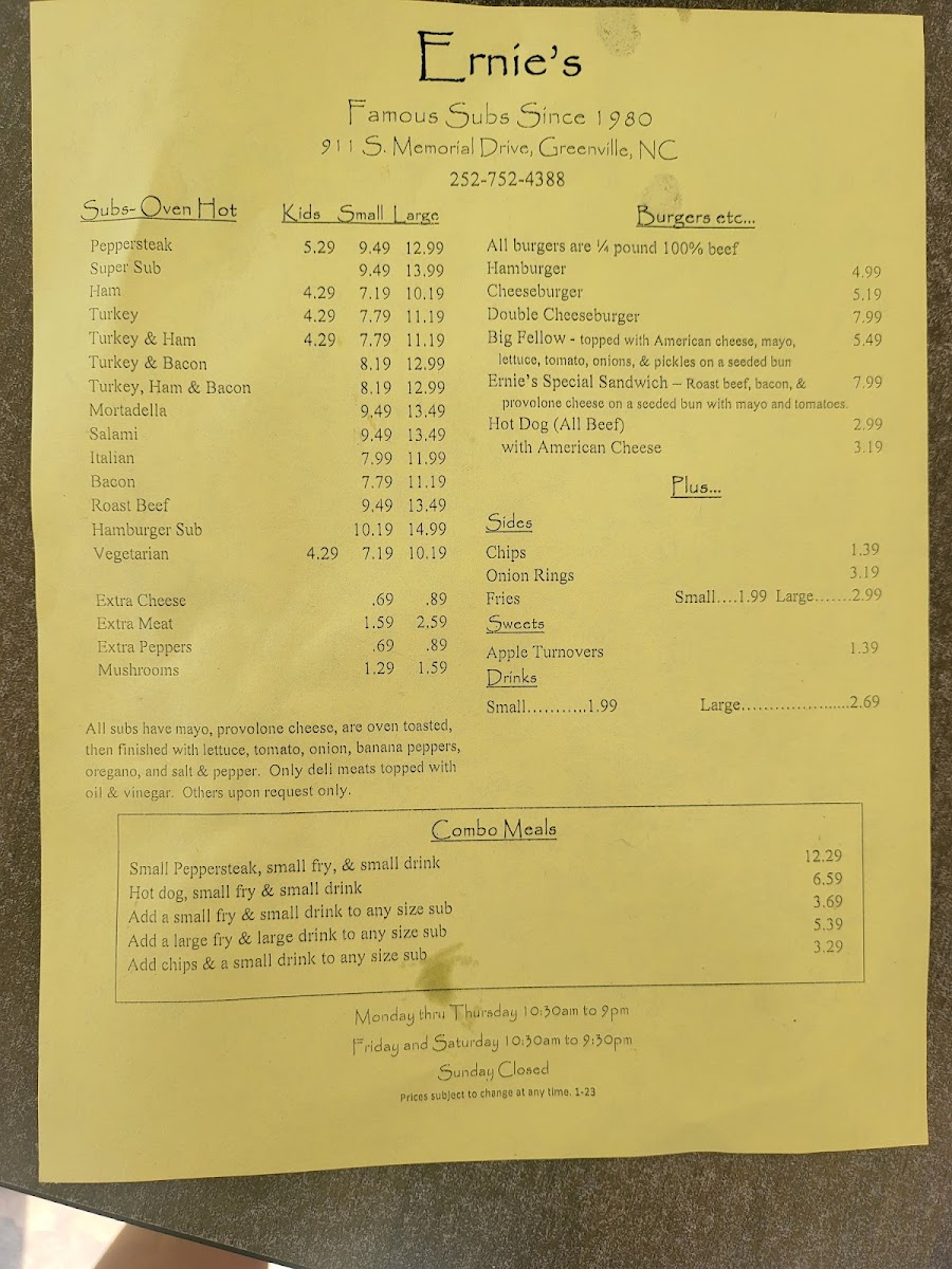 Ernie's Famous Subs Menu - Image 2