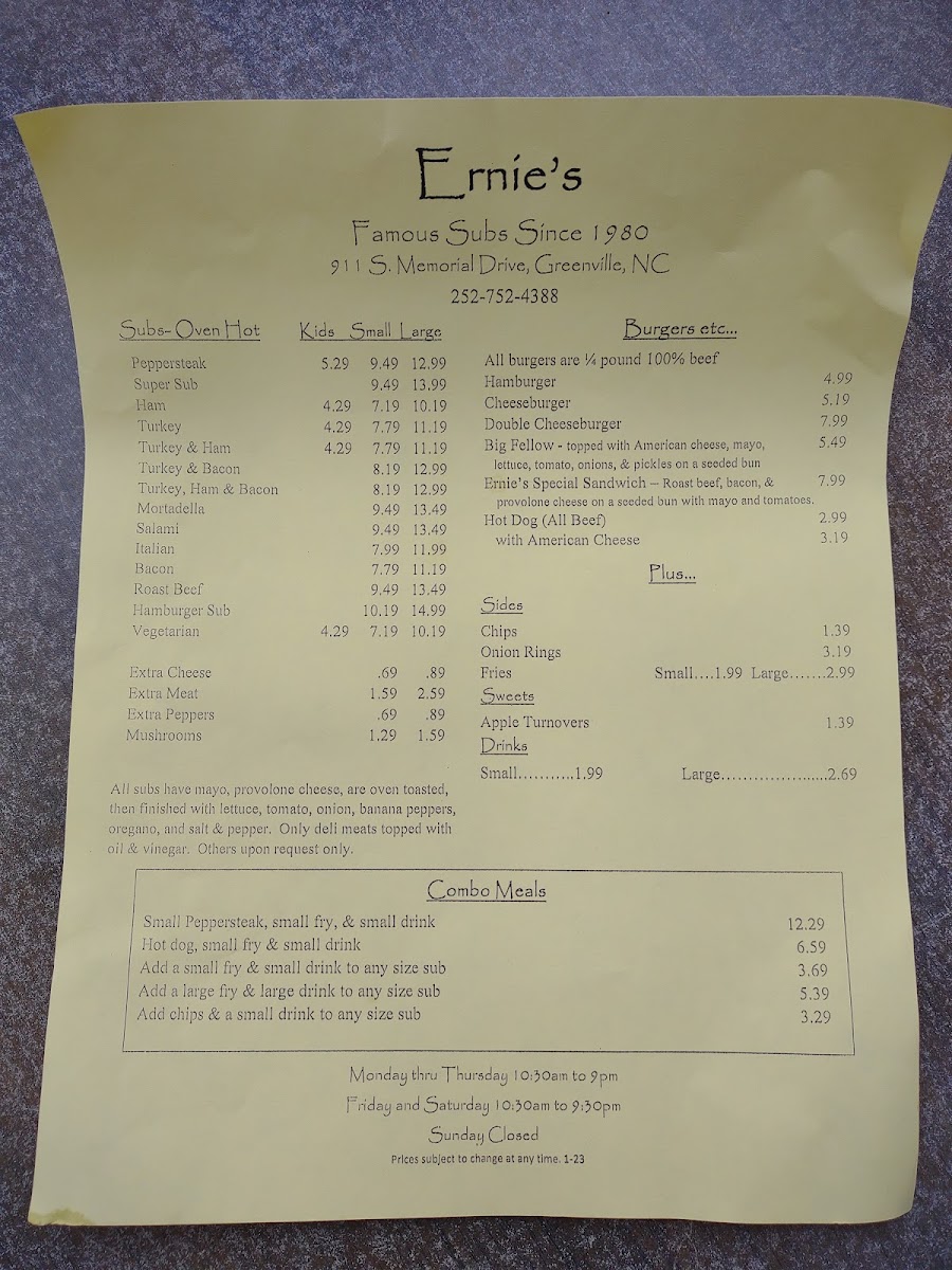Ernie's Famous Subs Menu - Image 4